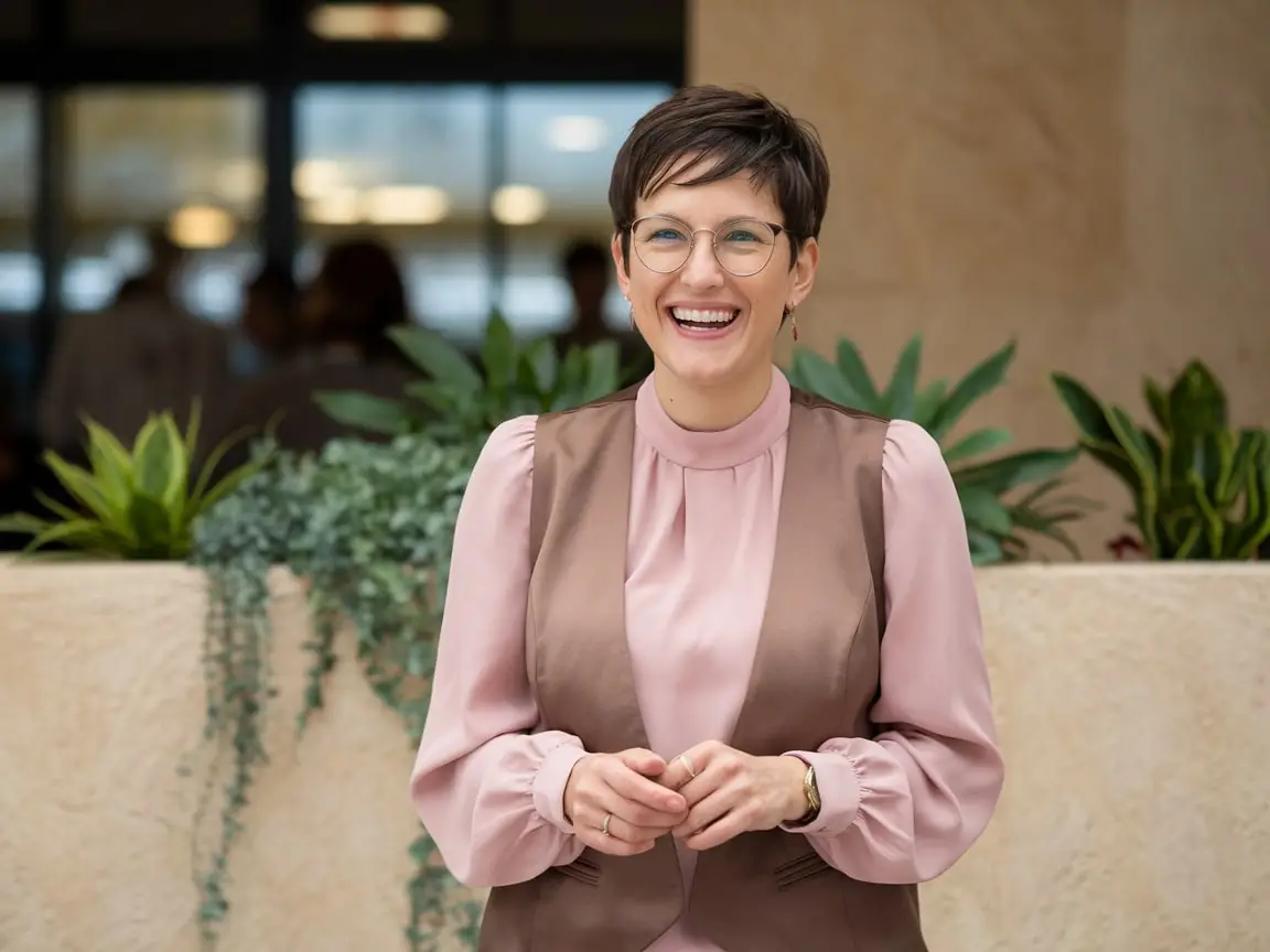 Person standing among indoor plants.